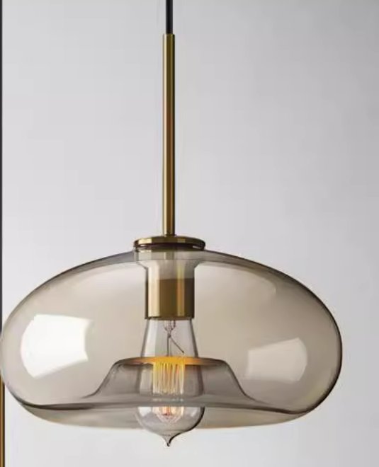 Cognac Glass and Gold Metal Single Pendant Lamp